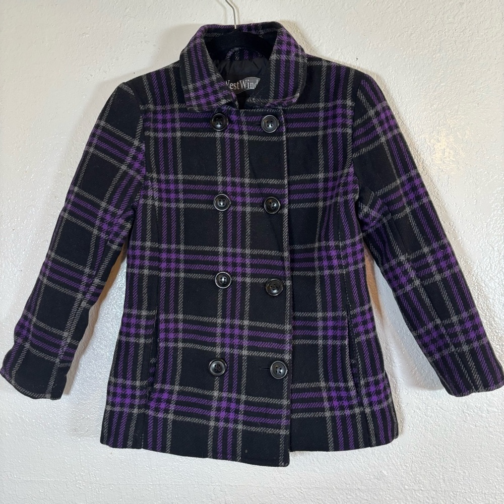 West Wind Purple, Gray, And Black Plaid Peacoat Size Medium